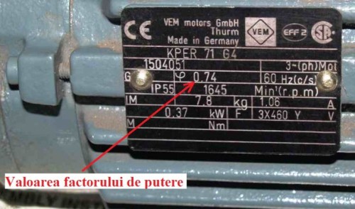 Indicarea valorii factorului de putere pe eticheta unui motor electric